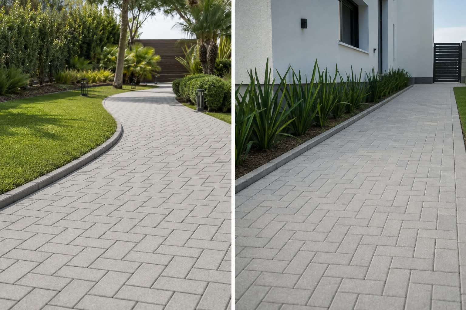 Piso intertravado e pavers de concreto instalados em calçada residencial
